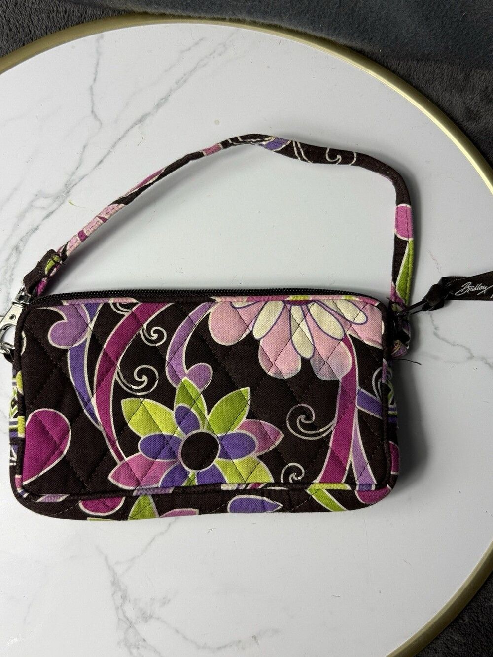 Vera Bradley Plum Crazy Purple Green Paisley Floral Quilted Cotton Wristlet Bag